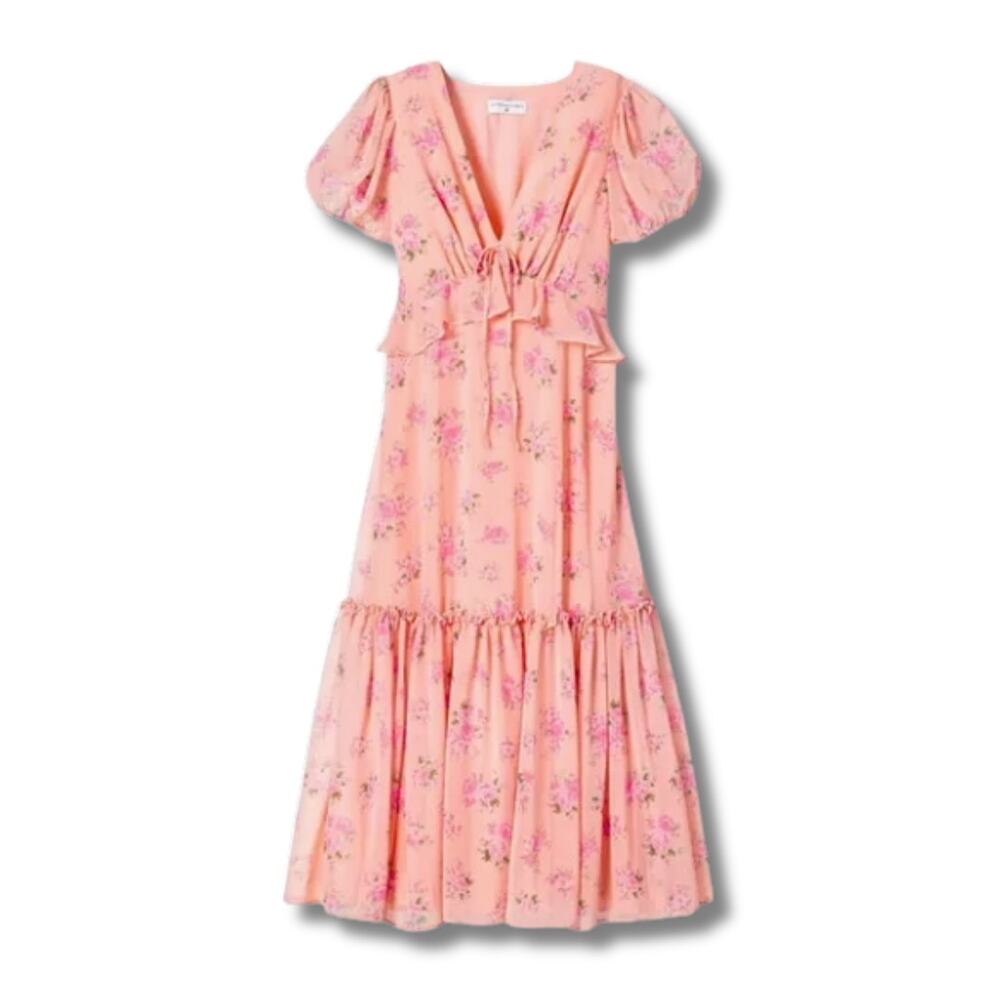 LoveShackFancy Fleur Chiffon Midi Dress Peachy Pink Floral 16 Wedding Guest